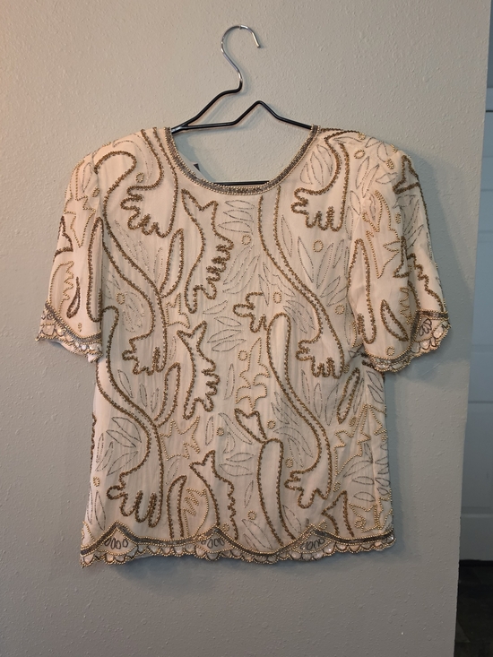 Laurence Kazar Tops - Lawrence Kazar Silk Beaded Sequin Ivory Blouse Top Women's S Vintage